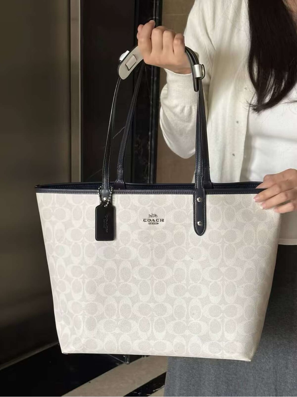 Coach Cream Signature Tote with Navy Leather Trim and Straps